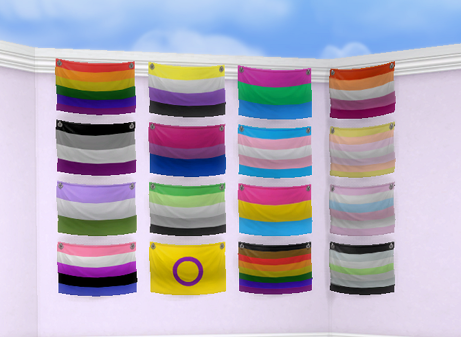 EA-made in-game Pride flags include rainbow, nonbinary, polysexual, lesbian, asexual, bisexual, trans, pangender, genderqueer, aromantic, pansexual, bigender, genderfluid, intersex, agender, and the Philly Pride flag.
